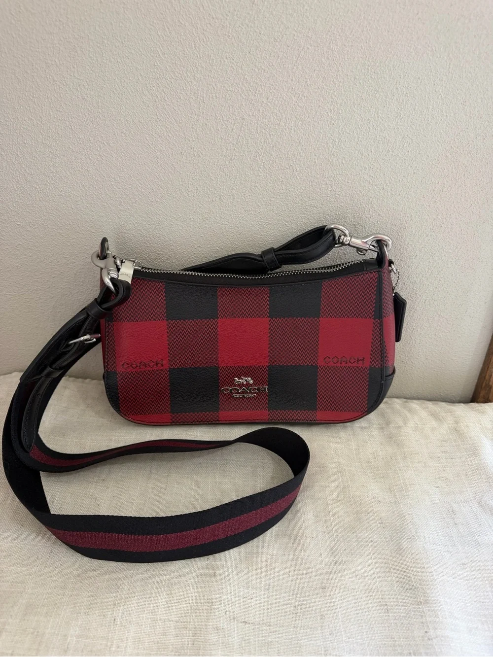 Coach Jed Baguette Red and Black Buffalo Plaid Leather Crossbody Bag